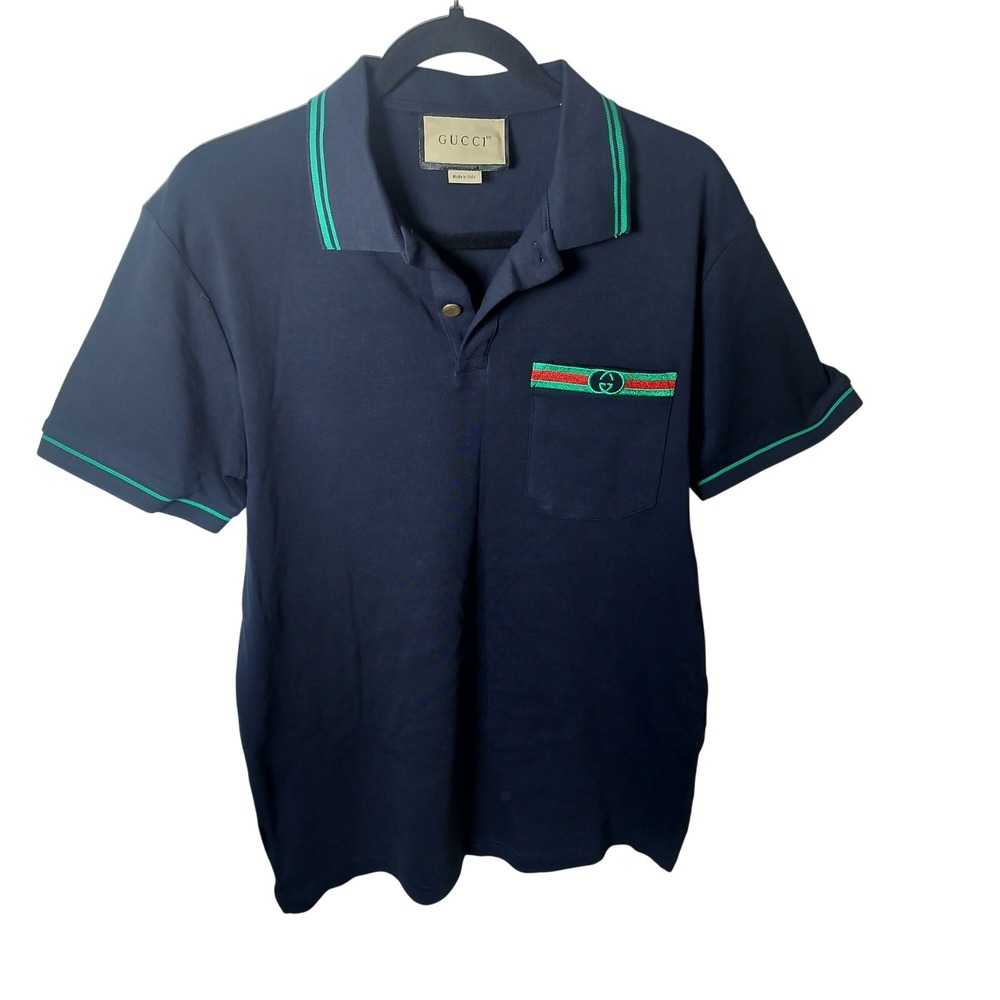 Gucci Mens Navy Blue Cotton Web Stripe Pocket Polo Shirt Large Interlocking G
